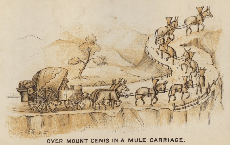 Autocares y entrenadores: sobre el Monte Cenis en un carruaje de mulas (litografía) de English School