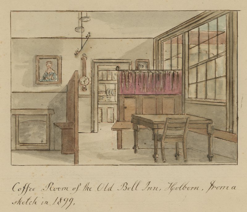 Sala de café de la Antigua Posada Bell, Holborn, Londres, de un boceto en 1899 de English School