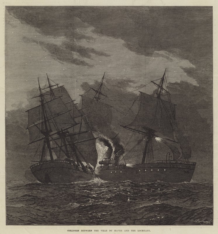 Colisión entre el Ville du Havre y el Lochearn (grabado) de English School