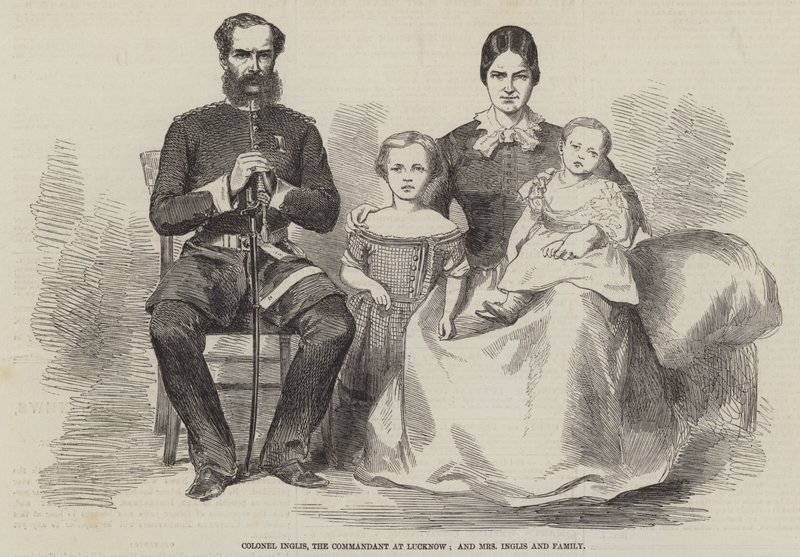 Coronel Inglis, el comandante en Lucknow, y la Sra. Inglis y familia (grabado) de English School