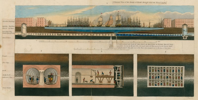 Vista coloreada de los estratos de tierra por los que pasa el túnel de English School