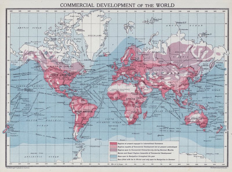 Desarrollo comercial del mundo (litografía en color) de English School