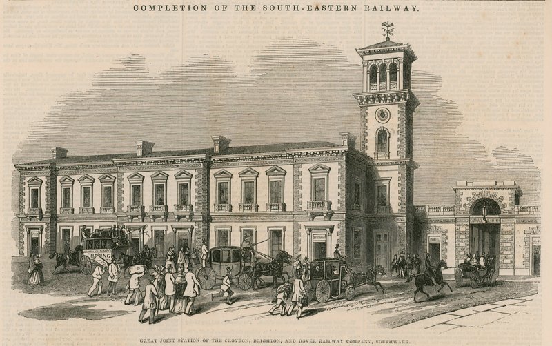 Finalización del Ferrocarril del Sureste: Gran estación conjunta de la Compañía de Ferrocarriles de Croydon, Brighton y Dover, Southwark, Londres de English School