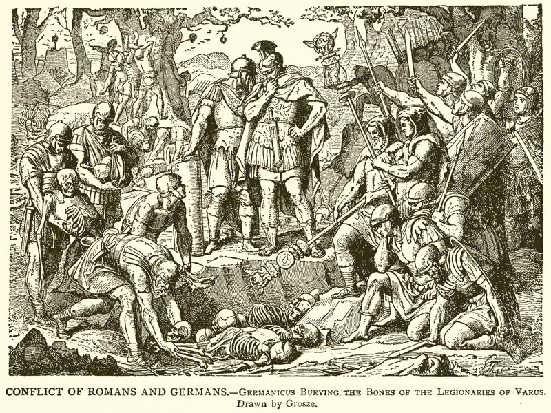 Conflicto de romanos y alemanes.--Germanicus enterrando los huesos de los legionarios de Varo de English School