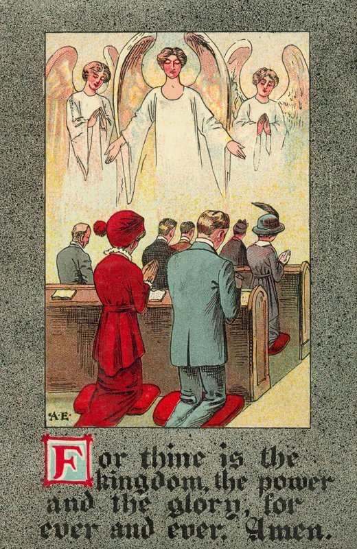 Congregación recitando el Padrenuestro (litografía en color) de English School