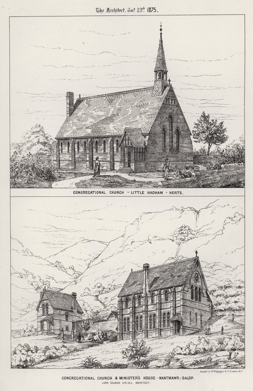 Iglesia Congregacional, Little Hadham, Herts; Iglesia Congregacional y Casa del Ministro, Nantmawr, Salop de English School