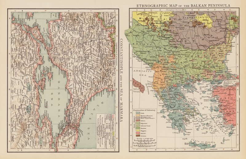 Constantinopla y el Mar de Mármara; Mapa etnográfico de la Península Balcánica (litografía en color) de English School