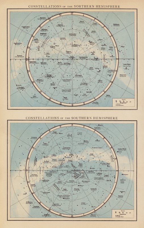 Constelaciones del Hemisferio Norte; Constelaciones del Hemisferio Sur (litografía en color) de English School