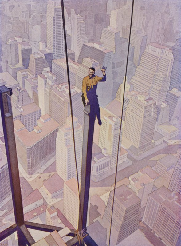 Trabajador de la construcción en el armazón de acero de un rascacielos sobre las calles de la ciudad de Nueva York, Nueva York, EE.UU. de English School