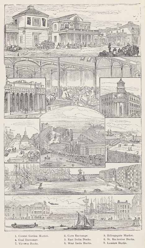 Mercado de Convent Garden, Bolsa de Cereales, Mercado de Billingsgate, Bolsa de Carbón, Muelles de la India Oriental, Muelles de Santa Catalina, Muelles de Victoria, Muelles de la India Occidental, Muelles de Londres de English School