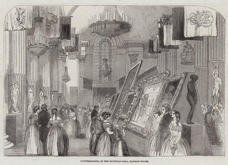 Conversación, en el Salón Egipcio, Mansion House (grabado) de English School