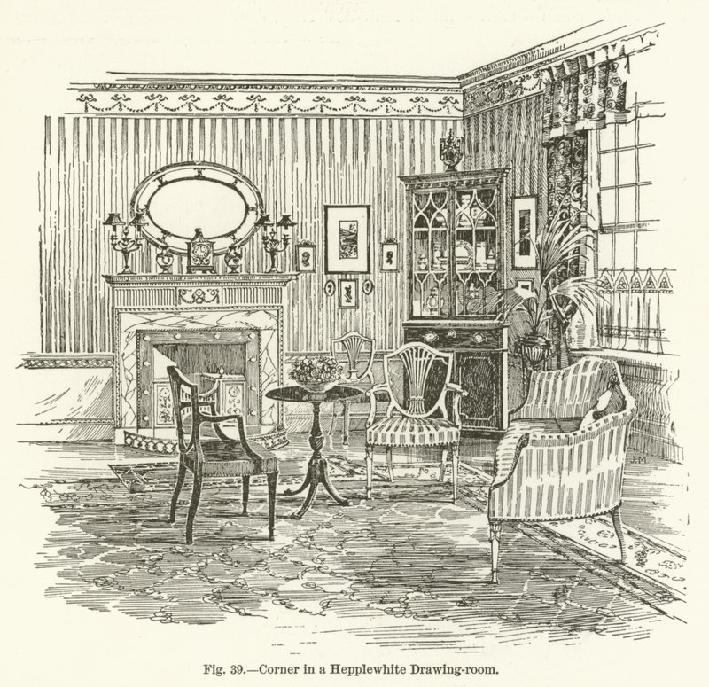 Rincón en una sala de dibujo Hepplewhite de English School