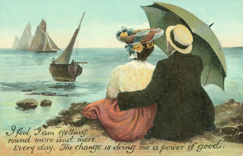 Pareja abrazada en la playa (litografía en color) de English School