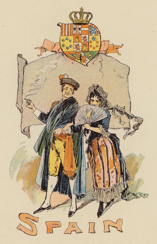 Pareja en traje español (litografia color) de English School