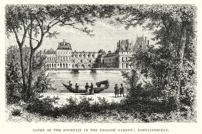 Patio de la Fuente en el Jardín Inglés, Fontainebleau (grabado) de English School