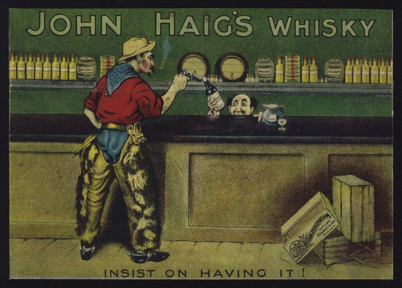 Vaquero en un salón, anuncio de whisky John Haig de English School