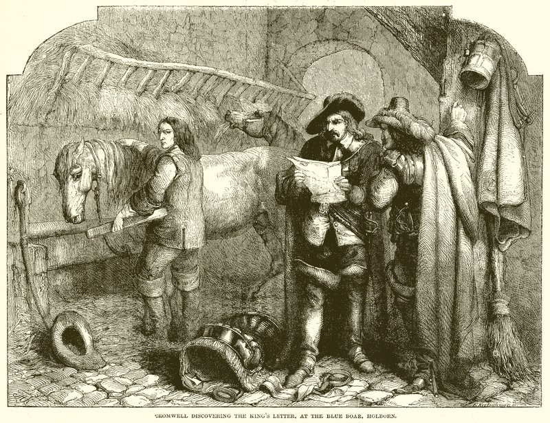 Cromwell descubriendo la carta del rey, en el Blue Boar, Holborn de English School