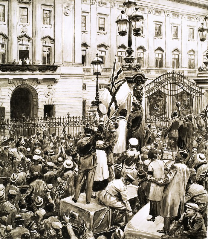 Multitudes fuera del Palacio de Buckingham vitorean al Rey Jorge V en el Día del Armisticio de English School