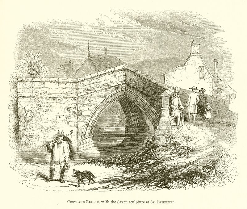 Puente de Croyland, con la escultura sajona de Santa Ethelred (grabado) de English School