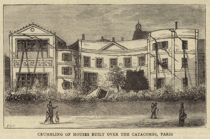 Desmoronamiento de casas construidas sobre las catacumbas, París de English School