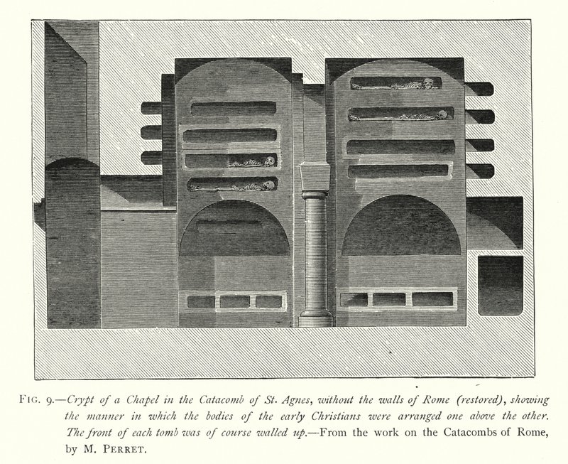 Cripta de una capilla en la catacumba de Santa Inés, fuera de los muros de Roma (restaurada), mostrando la manera en que los cuerpos de los primeros cristianos estaban dispuestos uno sobre otro (grabado) de English School