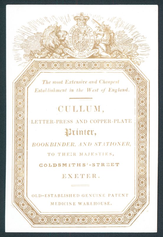 Cullum, impresor en letra y placa de cobre, tarjeta comercial de English School