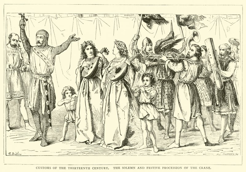 Costumbres del siglo XIII, la solemne y festiva procesión de la Grulla de English School