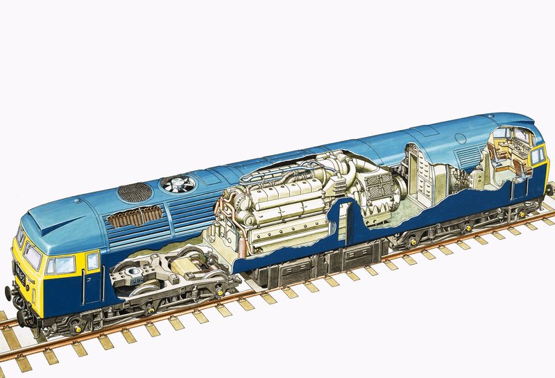 Dibujo en corte de una locomotora diésel-eléctrica británica Raul Clase 47 Brush 2,750 bhp de English School