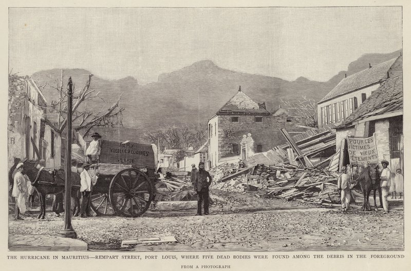Daños en la calle Rempart, Port Louis, causados por el ciclón de Mauricio de 1892 de English School