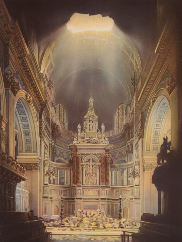 Daños en el interior de la Catedral de San Pablo causados por un bombardeo alemán durante el Blitz, Londres, Segunda Guerra Mundial de English School