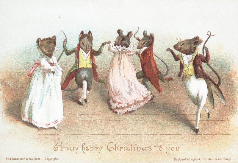 Ratones bailando con ropa, tarjeta de Navidad de English School