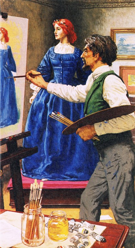 Dante Gabriel Rossetti pintando a Elizabel Siddal, quien luego se convertiría en su esposa de English School