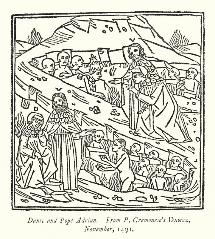 Dante y el Papa Adriano, de la Dante de P Cremonese, noviembre de 1491 de English School