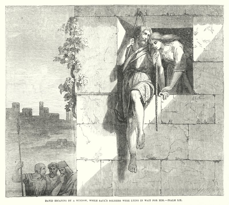 David escapando por una ventana, mientras los soldados de Saúl lo esperaban, Salmo LIX de English School