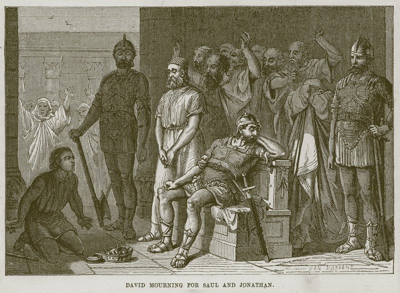 David lamentando por Saúl y Jonatán, ilustración de La Biblia del Niño, circa 1880 de English School