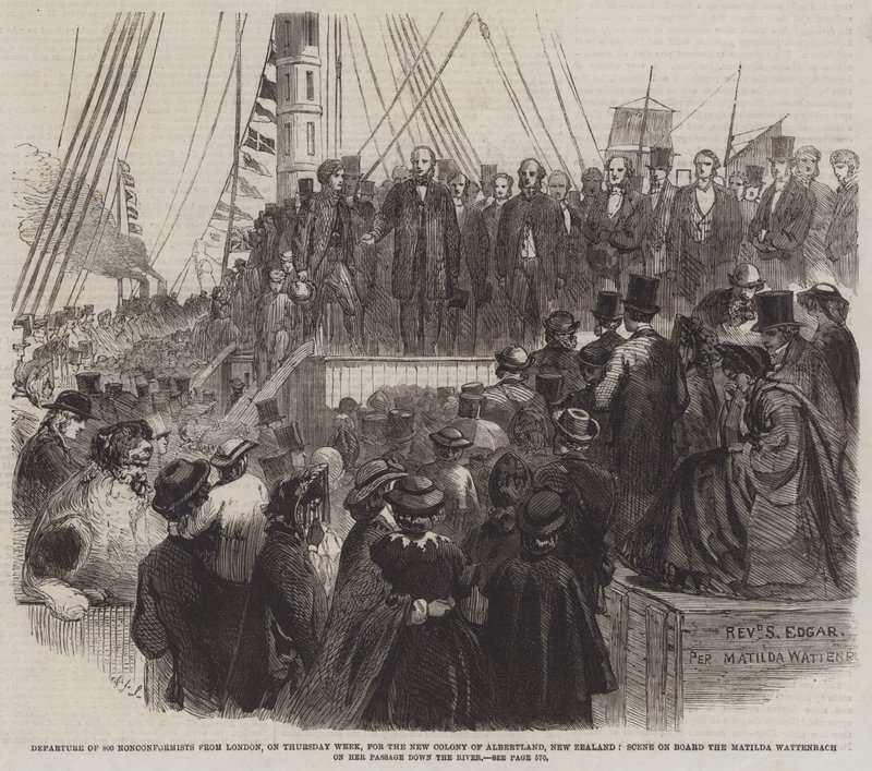 Salida de 800 No Conformistas de Londres, el Jueves de la Semana, hacia la Nueva Colonia de Albertland, Nueva Zelanda, Escena a Bordo del Matilda Wattenbach en su Paso por el Río de English School