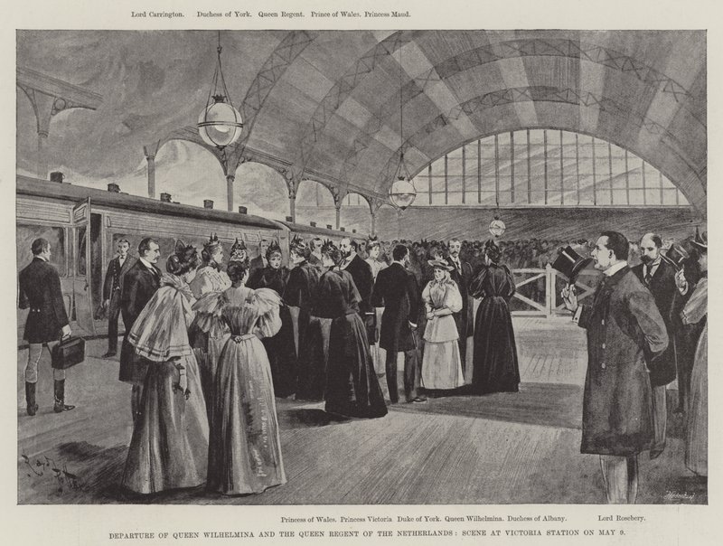 Salida de la reina Guillermina y la reina regente de los Países Bajos, escena en la estación Victoria el 9 de mayo (litografía) de English School