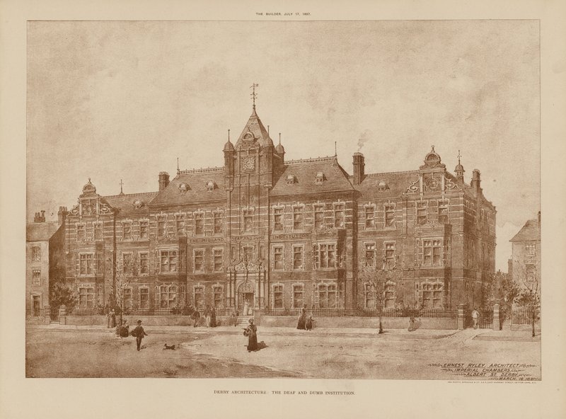 Arquitectura de Derby, la Institución de Sordomudos (grabado) de English School