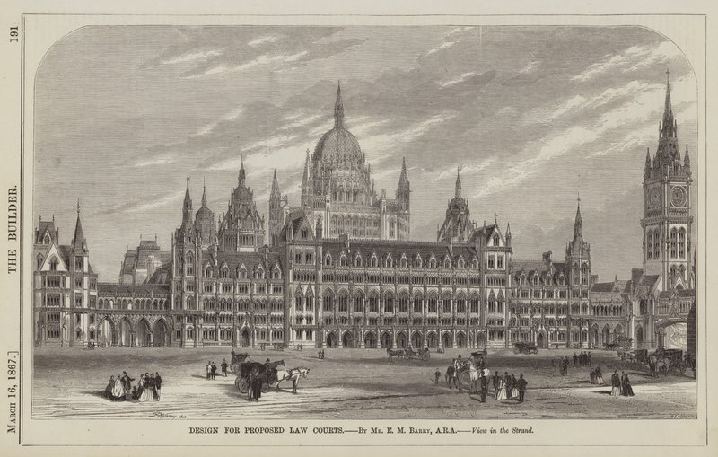 Diseño para los Propuestos Tribunales de Justicia, Vista en el Strand (grabado) de English School