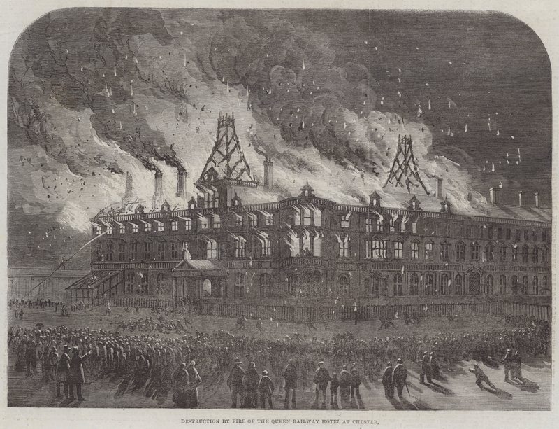 Destrucción por Incendio en el Hotel Queen Railway en Chester (grabado) de English School