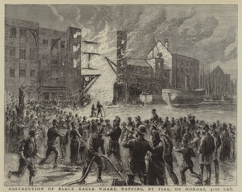Destrucción de Black Eagle Wharf, Wapping, por el fuego, el lunes 31 de agosto (grabado) de English School