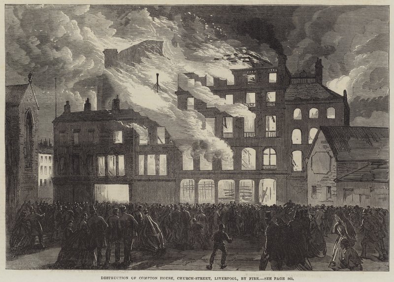 Destrucción de Compton House, Church-Street, Liverpool, por incendio (grabado) de English School