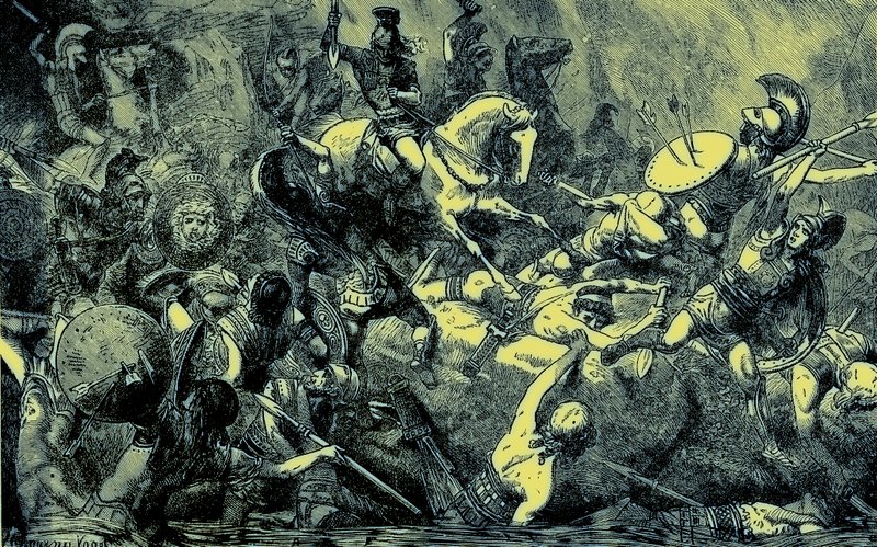 Destrucción del ejército ateniense en Sicilia, ilustración de The Illustrated History of the World, publicado c.1880 de English School