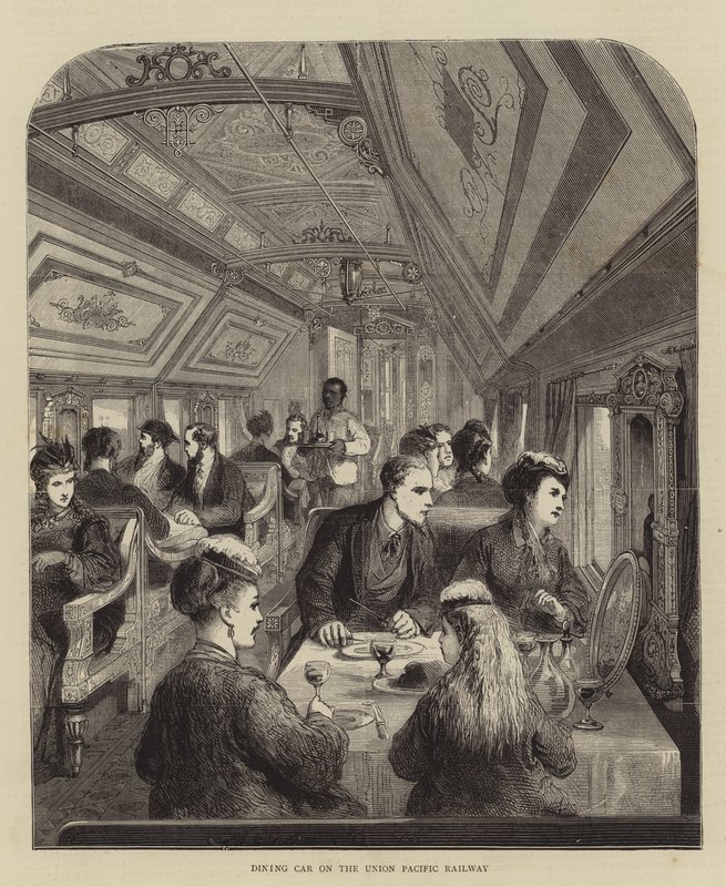 Coche Comedor en el Ferrocarril Union Pacific (grabado) de English School