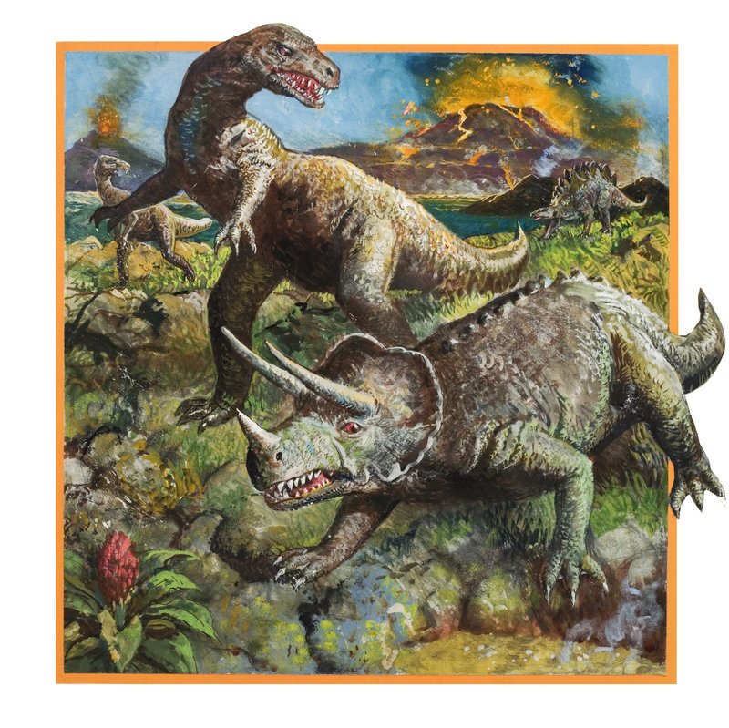 Dinosaurios con volcán (gouache sobre papel) de English School