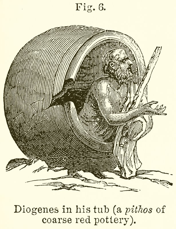 Diógenes en su tinaja (un pithos de cerámica roja burda) de English School