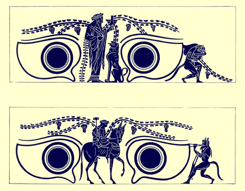 Dionisos, Hefesto y sátiros, ilustración de Pinturas de Vasos Griegos por J. E. Harrison y D. S. MacColl, publicada en 1894 (imagen digitalmente mejorada) de English School
