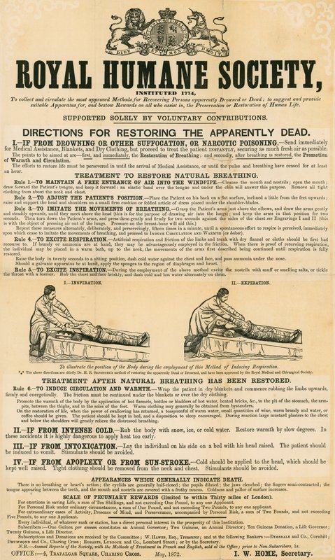 Instrucciones para restaurar a los aparentemente muertos; emitidas por la Royal Humane Society, mayo de 1872 de English School