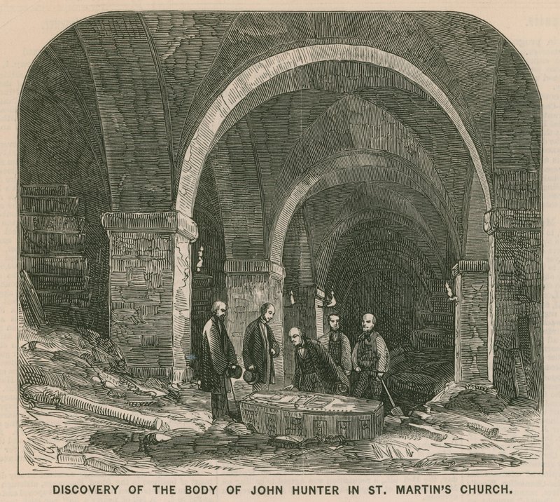 Descubrimiento del cuerpo de John Hunter en la Iglesia de St. Martin, Londres de English School