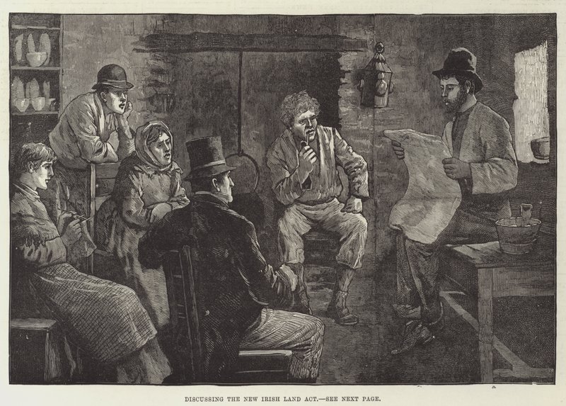 Discutiendo la Nueva Ley de Tierras Irlandesa (grabado) de English School